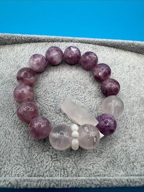 Purple and Light Pink Beaded Gemstone Stretch Bracelet